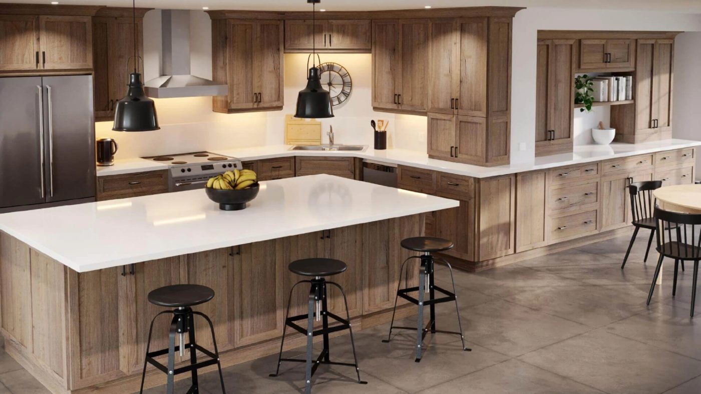 Natural oak shaker kitchen with white countertops, an island and a tall pantry run