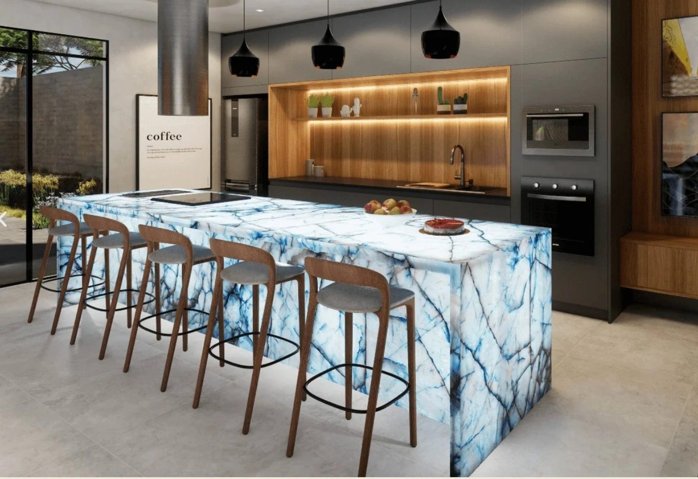 Waterfall island cut from blue and white quartzite in a dark modern kitchen